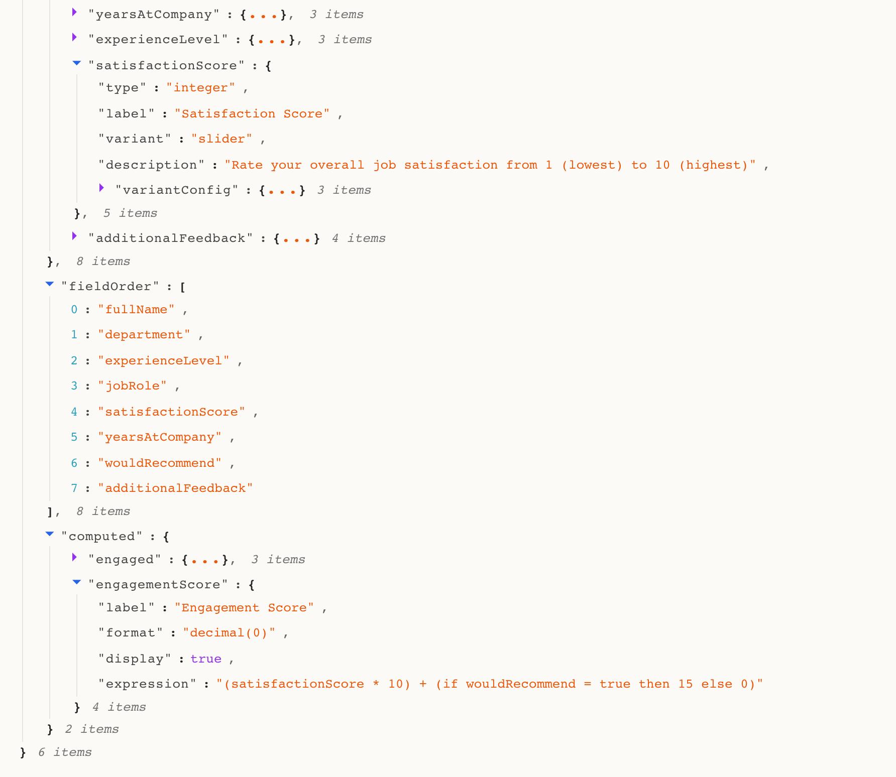 Forma specification showing the satisfactionScore field definition with integer type and 1-10 range constraints