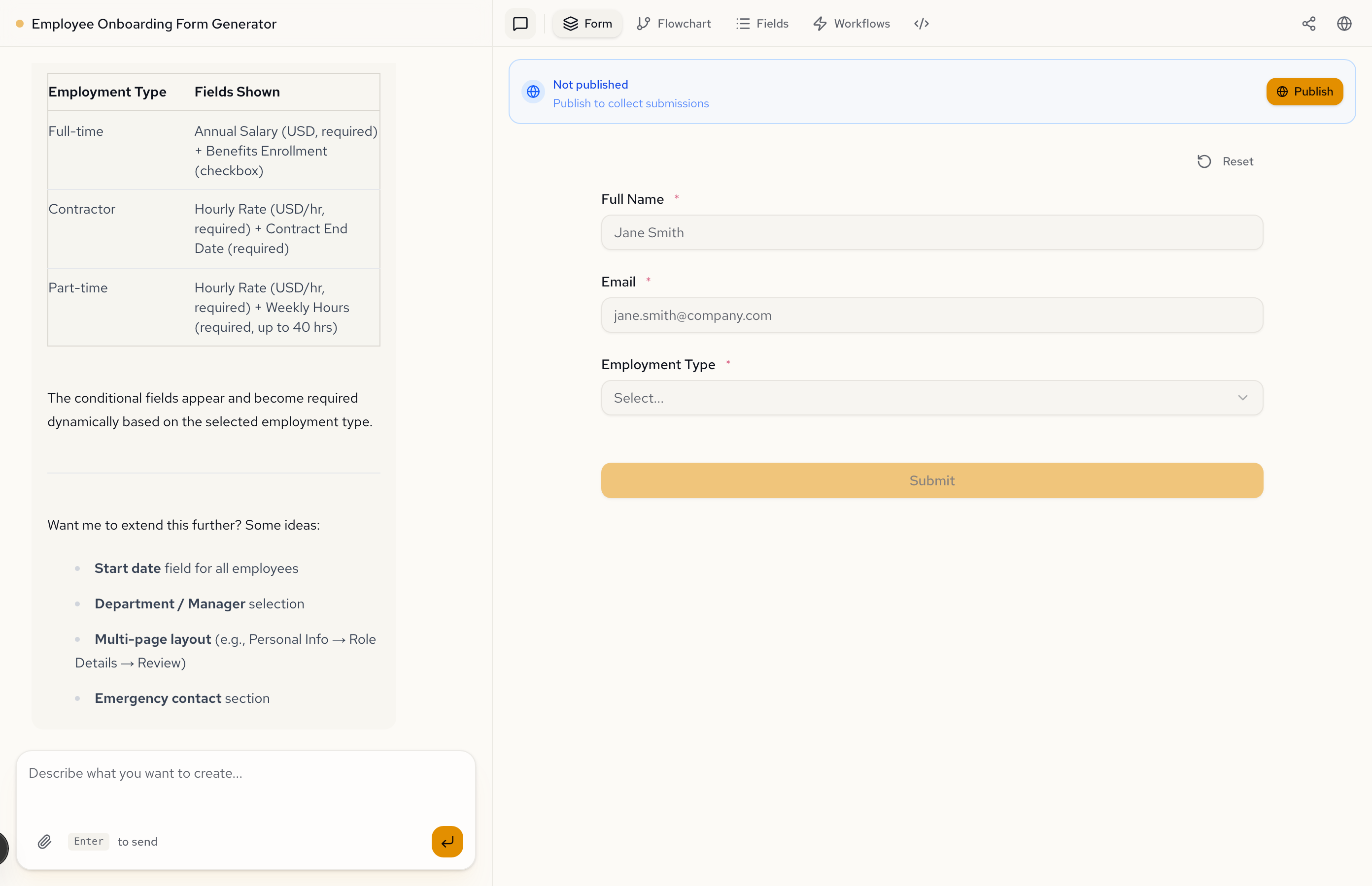 Conversation with Formidable describing an employee onboarding form with conditional fields